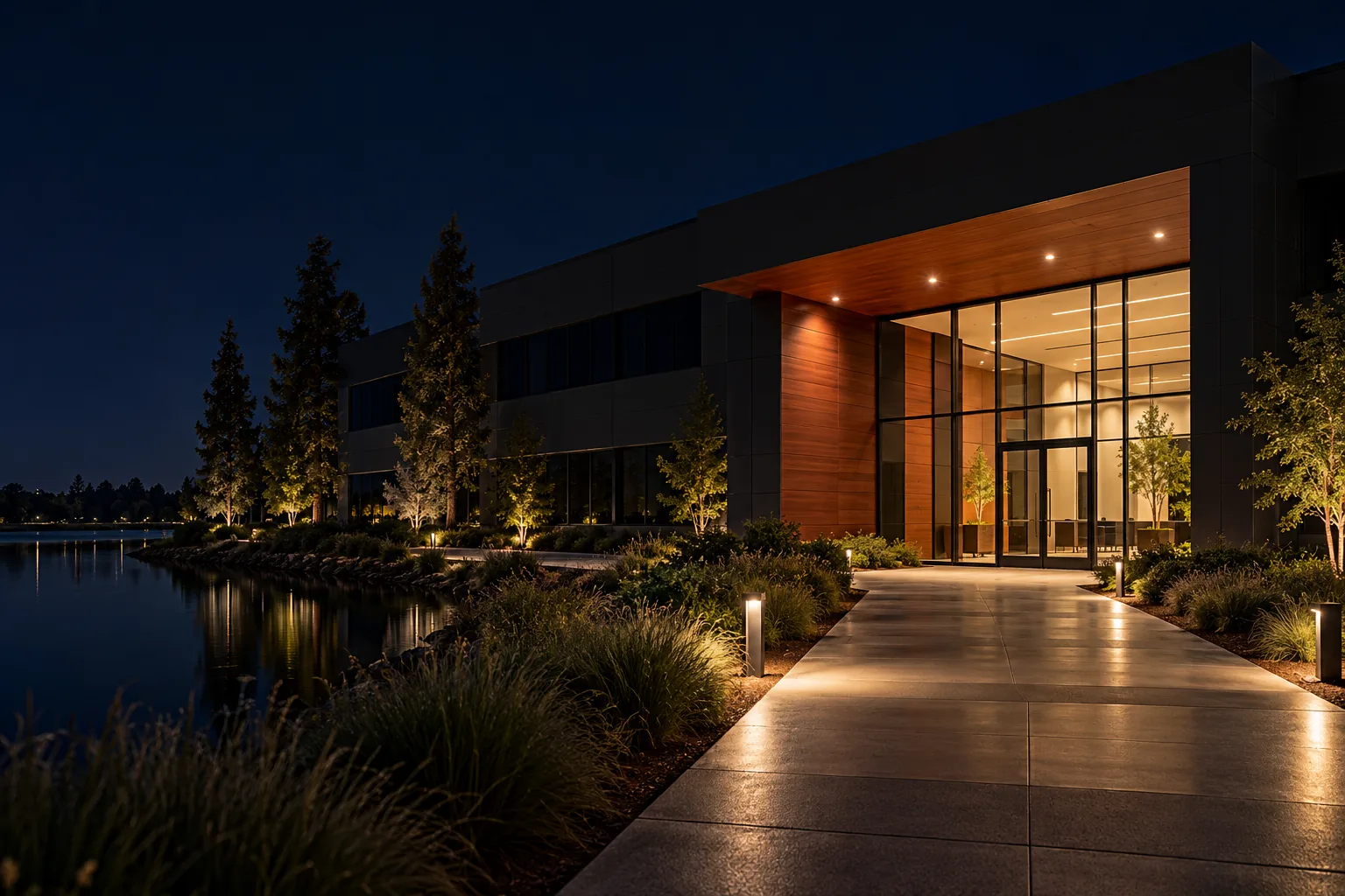 Commercial building at night in Redwood City