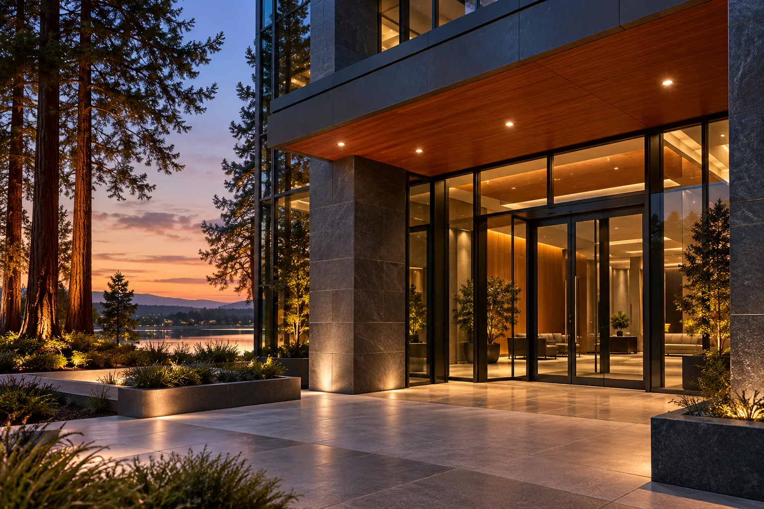 Well-lit commercial entrance at dusk in Redwood City