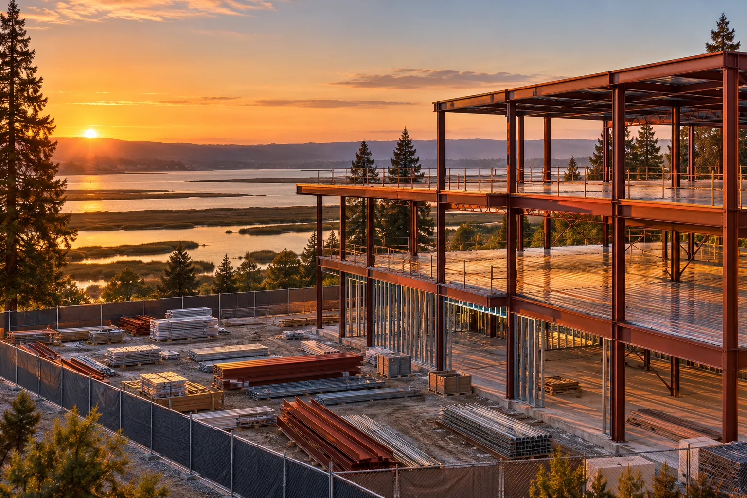 Commercial construction site at golden hour in Redwood City