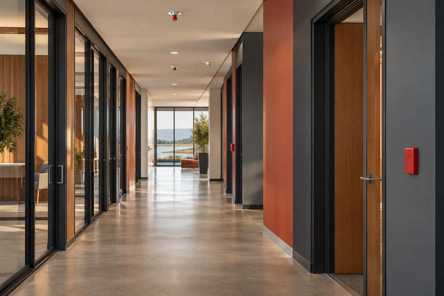 Commercial corridor with fire sprinklers in Redwood City