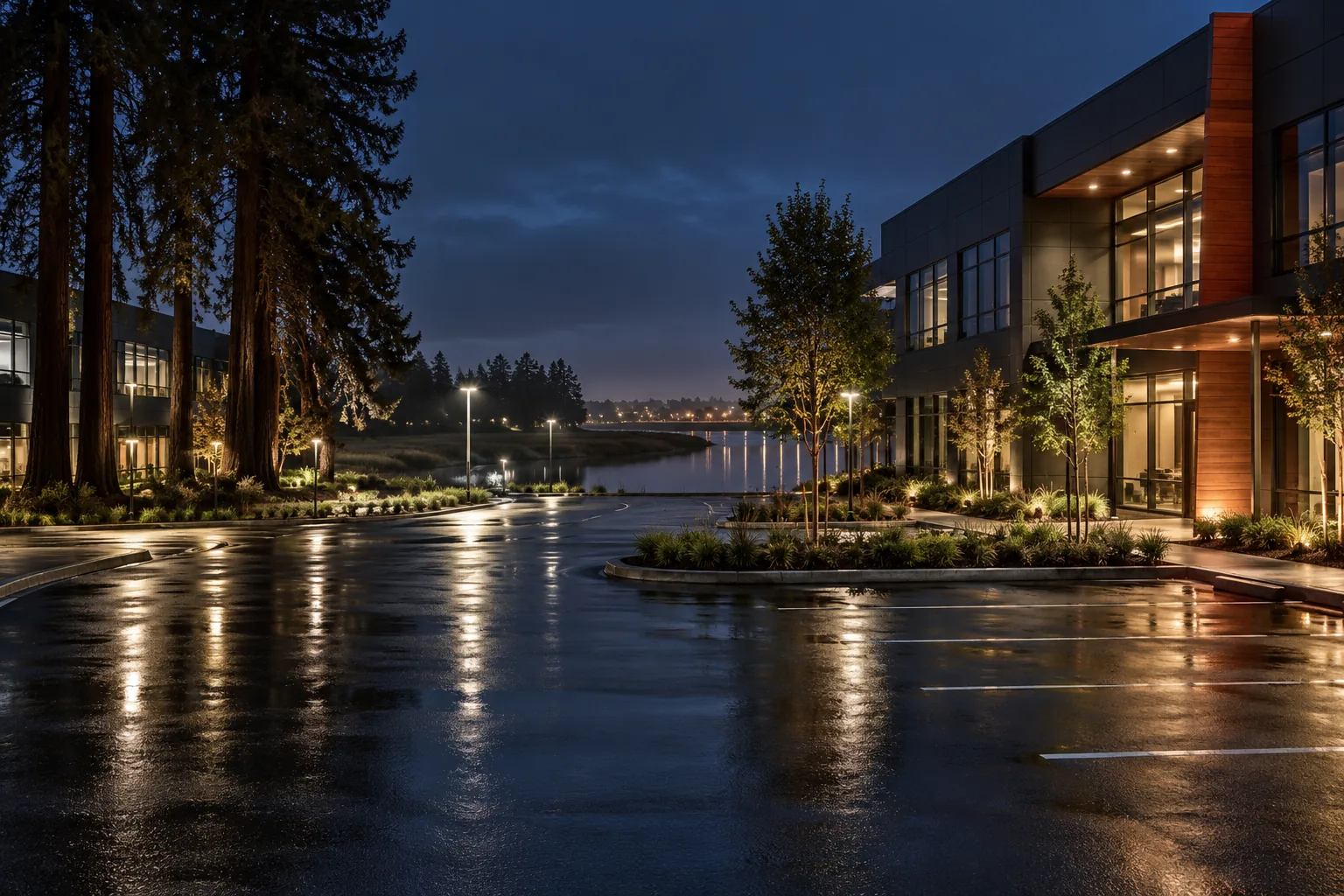 Business park at night under lights in Redwood City