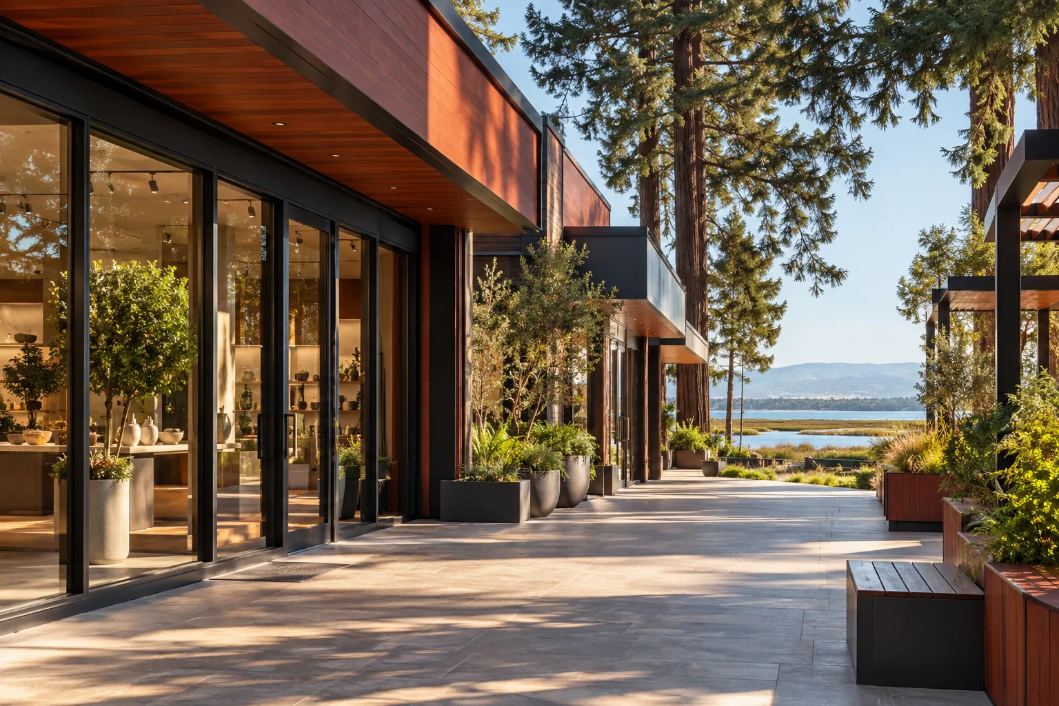 Open-air shopping center walkway in Redwood City