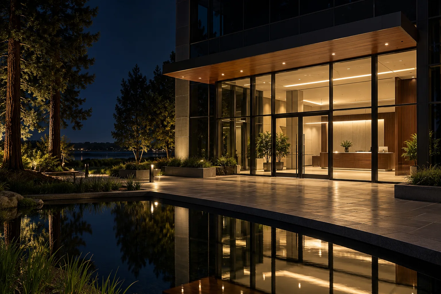 Building lobby glowing at night in Redwood City