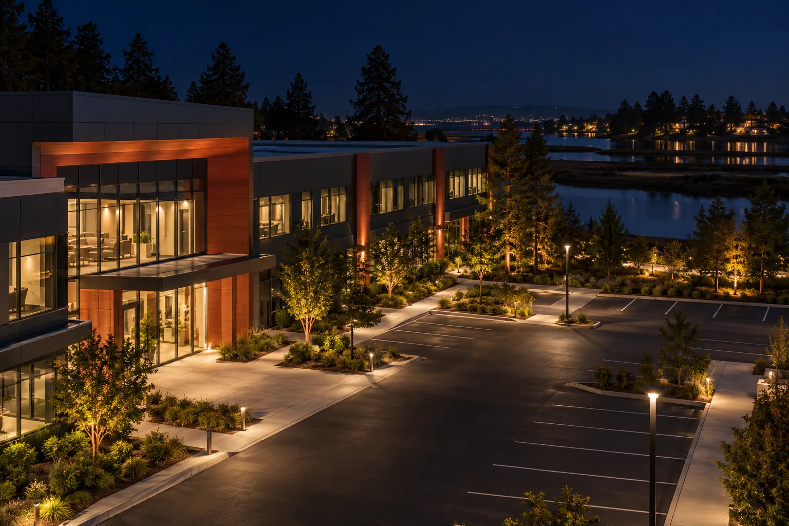 Commercial property at night from above in Redwood City